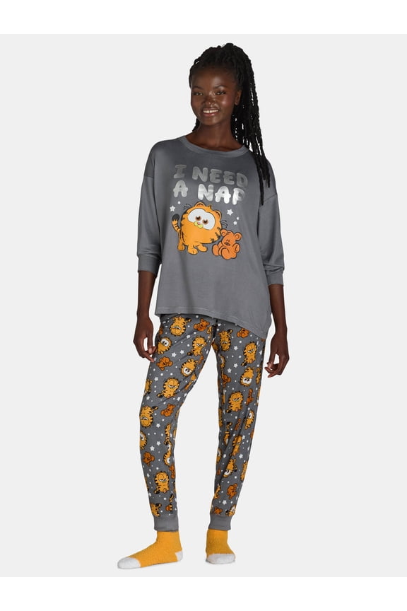 Nickelodeon Women's Garfield Lounge Top and Pants with Socks Set, 3-Piece, Sizes XS-3X