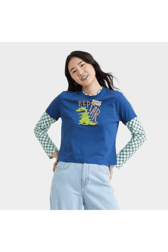 Women's Reptar Long Sleeve Graphic T-Shirt - Blue Checkered, XSmall