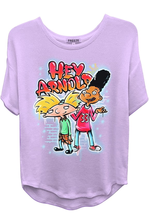 Women's Shirt, Graphic Print Curved Hem Cartoon Gerald and Hey Arnold T-shirt Lilac – M