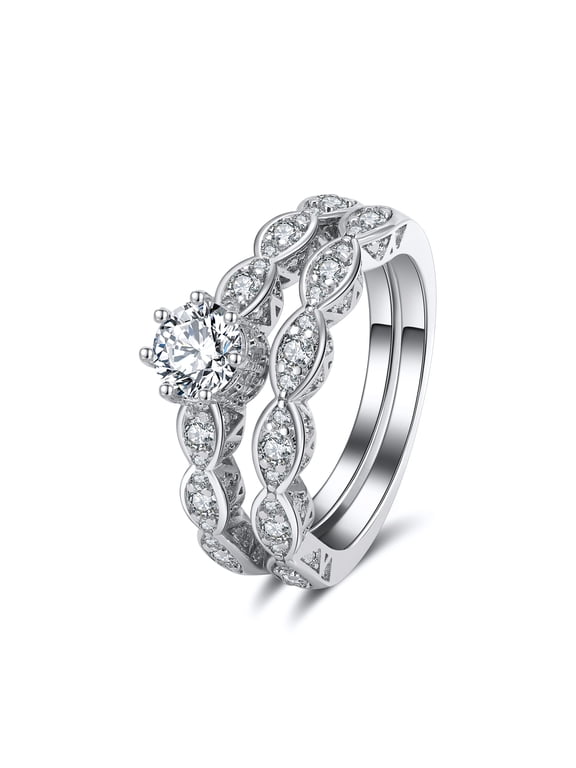 Nickie Wedding Ring Set Engagement Ring Matching Band CZ Womens Ginger Lyne Collection