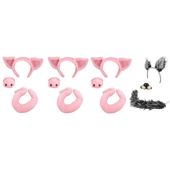 Nicky Bigs 3 Pigs and Wolf Headband Tails Noses Costume Set, Pink/Gray, One Size