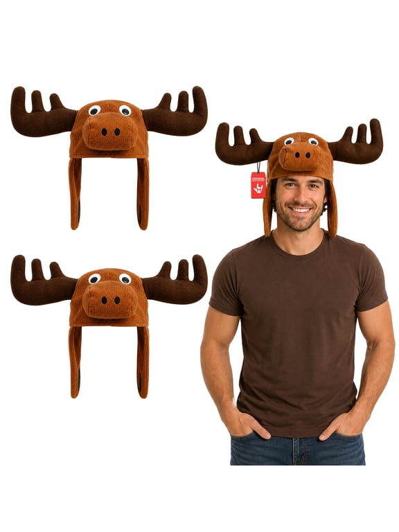 2-Pack Brown Plush Moose Hats, Animal Accessories