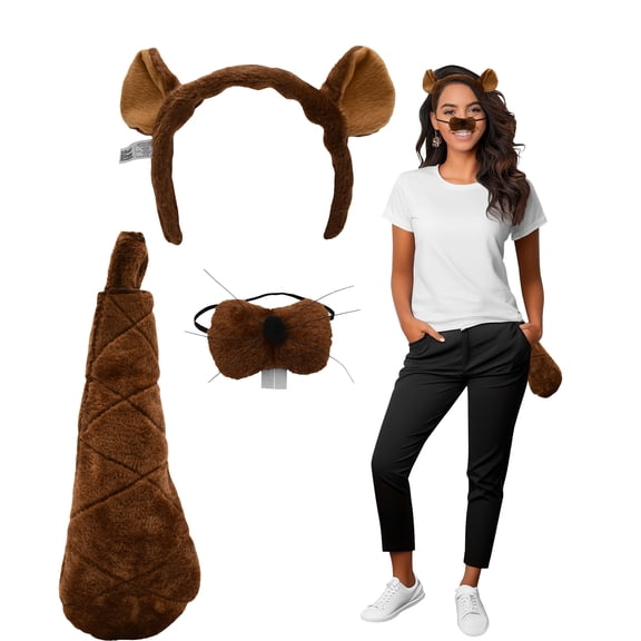 Nicky Bigs Novelties Adult Beaver Ears Headband Tail Nose Costume Kit Fun Brown Plush Beaver Animal Accessories for Men And Women Halloween Cosplay Pretend Play Theater