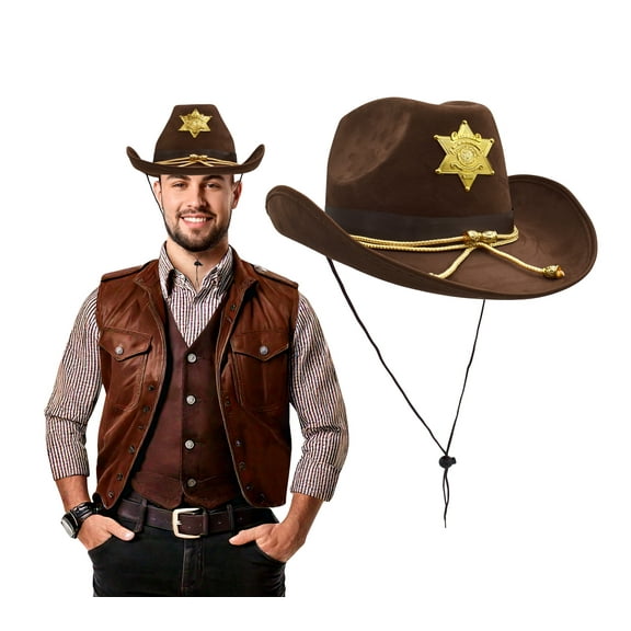 Nicky Bigs Novelties Adult Brown Western Sheriff Badge Cowboy Hat Halloween Cosplay Costume Accessory