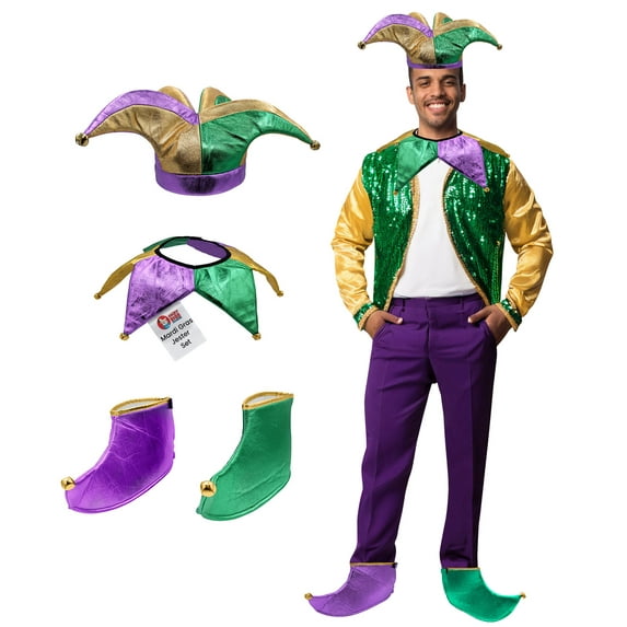 Nicky Bigs Novelties Adult Mardi Gras Jester Costume Accessories Set - Joker Clown Matching Jester Hat Collar Shoe Covers Set, Purple Gold Green