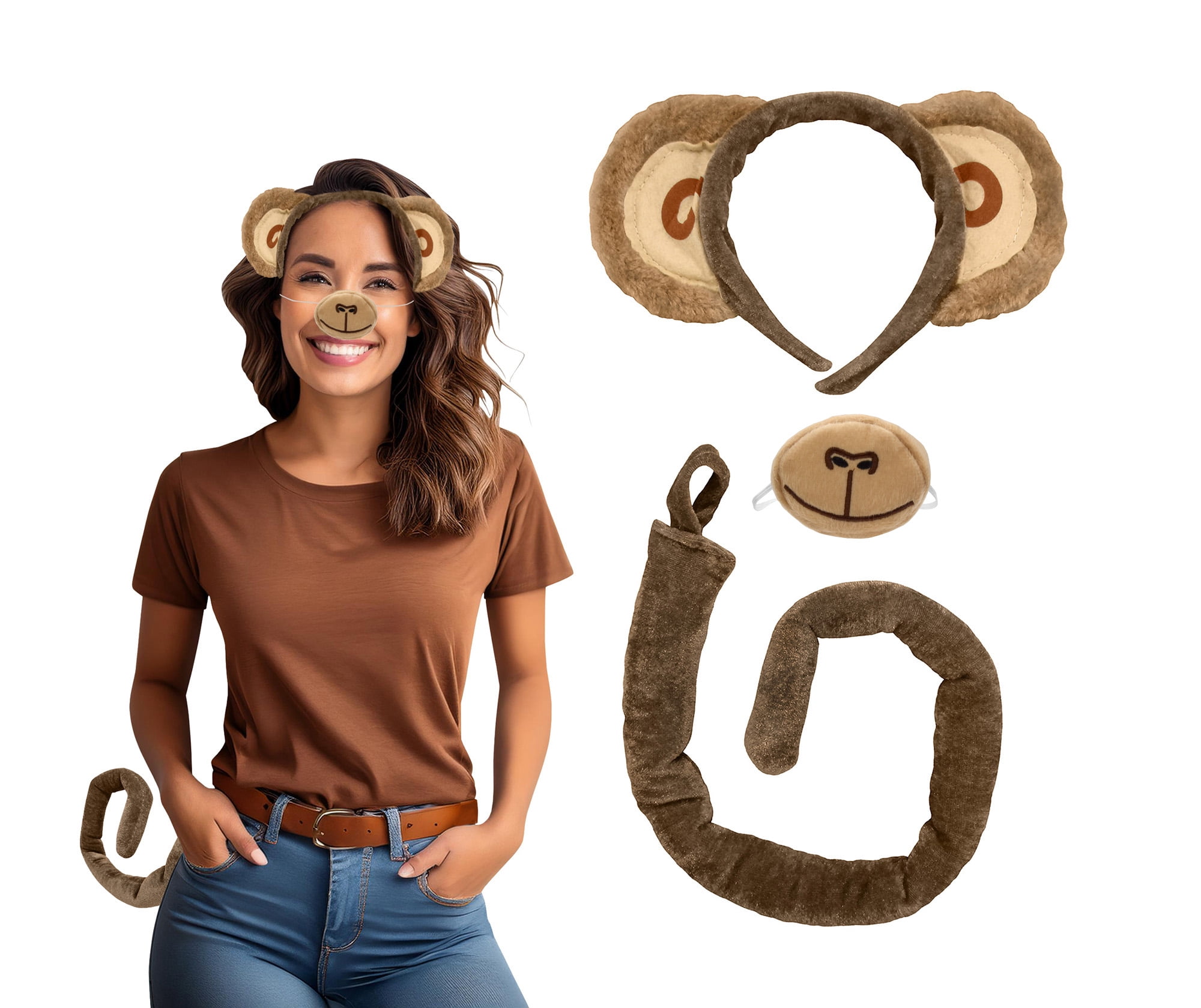 Nicky Bigs Novelties Adult Monkey Animal Costume Set Ears Headband Tail Nose Halloween Accessory Kit