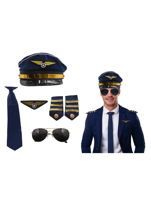 Pilot Costume Men Accessories - Men's Airline Captain Accessories with Aviator Sunglasses, Epaulettes, Captain's Hat, Badge - for Halloween, Themed Parties, Blue Gold, One Size