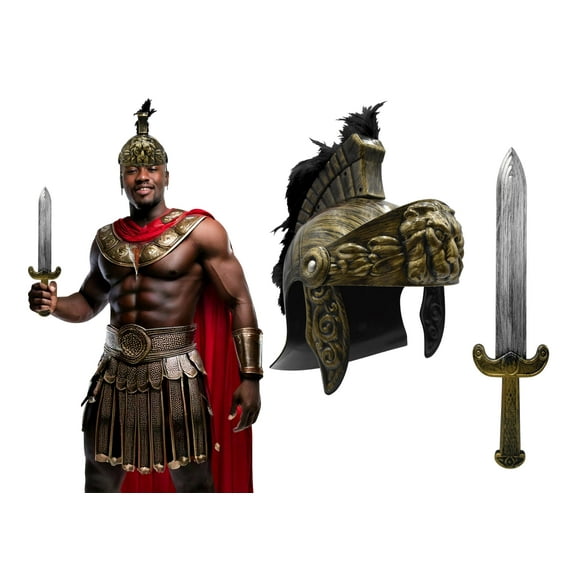 Nicky Bigs Novelties Adult Roman Helmet With Red Feather Plume and Sword - Greek Gladiator Costume Helmets - Trojan Legion Helmet, Gold/Black, One Size