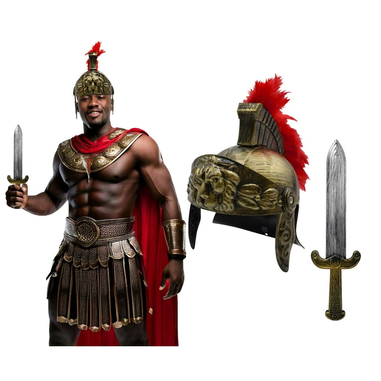 Roman Spartan Helmet Plastic Adult Gold Red Plume