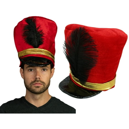 Nicky Bigs Novelties Adult Toy Soldier Hat Red Velvet Majorette Nutcracker Costume Cap Marching Band Leader Christmas Cosplay Accessory for Men Women One Size Fits Most