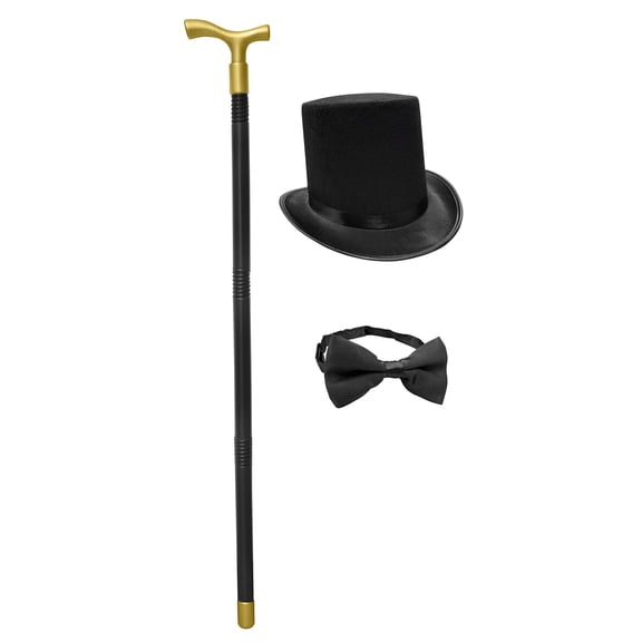 Nicky Bigs Novelties Classic Black Felt Top Hat Costume Set Bowtie 36-Inch Gold Handle Cane Steampunk Victorian Cosplay Accessories Men Women Formal Wear Halloween Theater Magician Outfit Props