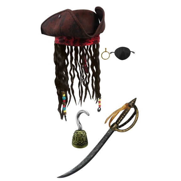 Nicky Bigs Novelties Deluxe Caribbean Pirate Hat Dreads Sword Hook Eyepatch Earring Costume Accessory