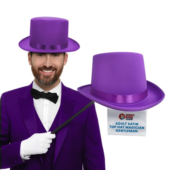 Nicky Bigs Novelties Deluxe Dress Up Party Satin Top Hat - Colored Costume Top Hats for Adults - Prom Dance Tuxedo Formal Top Hat, Purple, One Size