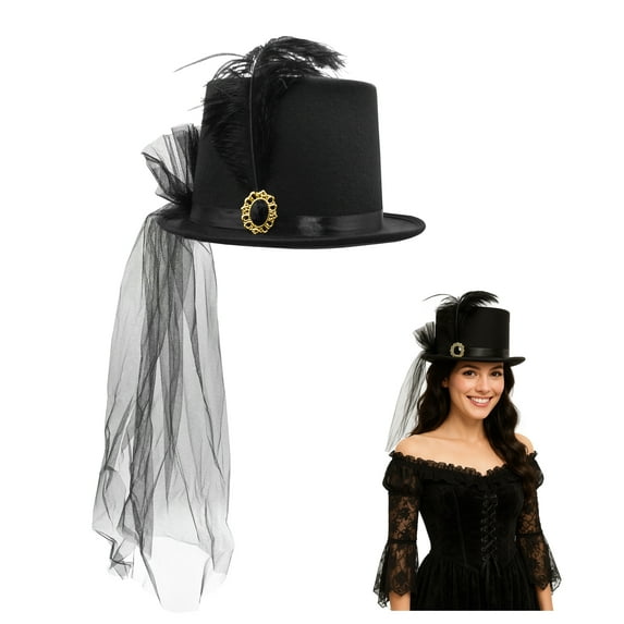 Nicky Bigs Novelties Deluxe Womens Victorian Top Hat with Plume & Veil Steampunk Costume Accessory