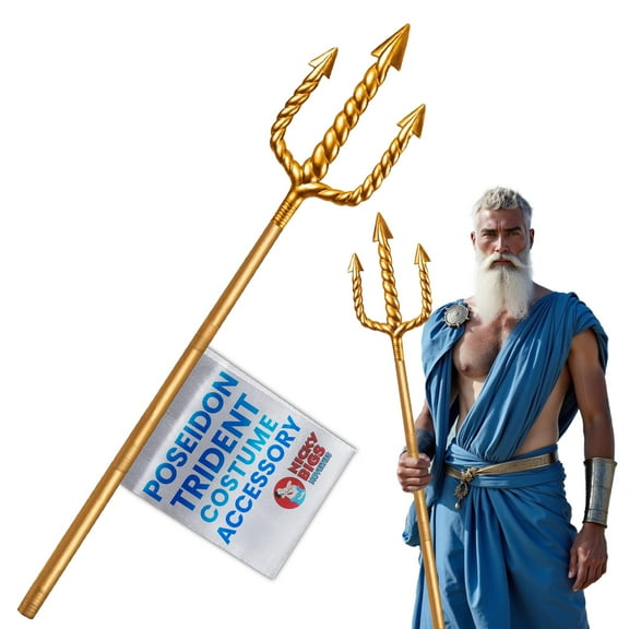Nicky Bigs Novelties Gold Trident 5-Piece Prop - Lightweight Adjustable Plastic Hollow Trident Spear Prop - Cosplay Pitchfork Halloween Costume Accessory, Gold, One Size