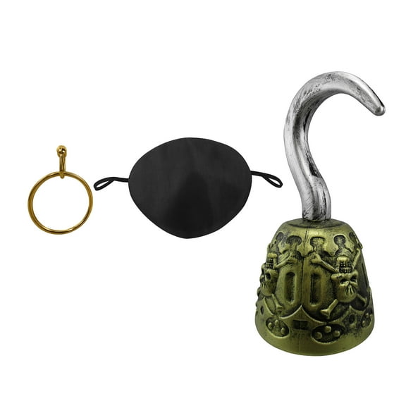 Nicky Bigs Novelties Handheld Pirate Hook Gold Clip-On Earring Black Eye Patch Costume Accessory Set