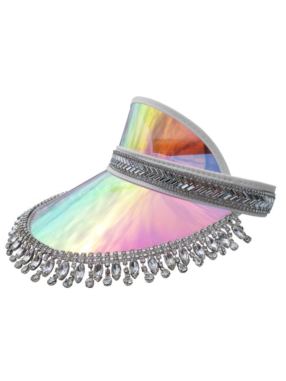 Hanging Gem Fringe Music Festival Sun Visor Hats - Tennis Beach Golf Bling Visors - Iridescent Jeweled Mirrored Visor Hat - Bride to Be Hats