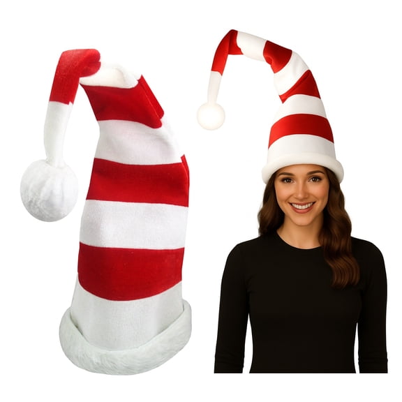 Nicky Bigs Novelties LightUp Peppermint Candy Stripe Elf Hat  Long Bendable Red And White Christmas Santa Costume Cap with LED Pom Pom  One Size