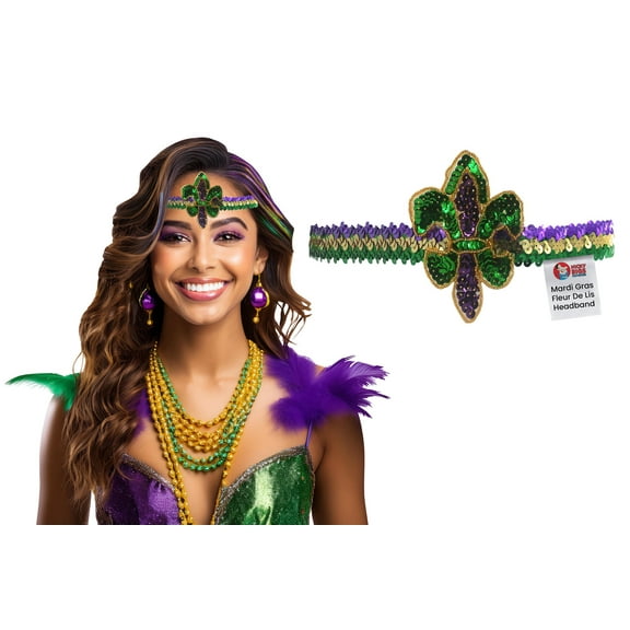 Nicky Bigs Novelties Mardi Gras Fluer Di Lis Headband - Sequin Hair Band for New Orleans Masquerade Mask Party Sequin Fascinators Purple Yellow Gold Green, Adjustable