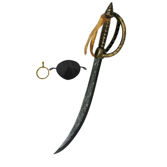 Nicky Bigs Novelties Plastic Pirate Sword Set Gold Clip-On Earring Black Eye Patch Costume Accessory Kit