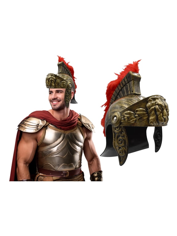 Adult Roman Helmet With Red Fake Feather Plume Greek Gladiator Costume Helmets Trojan Legion Helmet