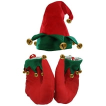 Nicky Bigs Novelties Unisex Adult Red and Green Elf Hat & Shoes Jingle Bells Holiday Costume Set