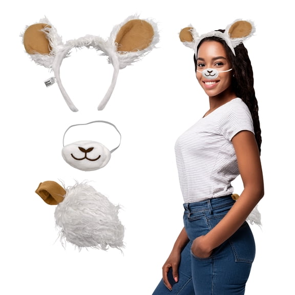 Nicky Bigs Novelties Unisex Fuzzy Llama Ears Headband, Nose and Tail Costume Accessory Set, White, One Size