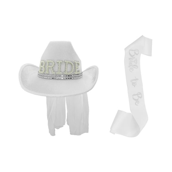 Nicky Bigs Novelties White Cowboy Cowgirl Bride Bling Hat With Veil and Sash Rodeo Bachelorette Party