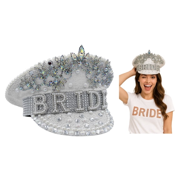 Nicky Bigs Novelties White Sequin BRIDE Captain Hat with Gem Crown Rhinestone Pear Wedding Bachelorette Accessory Sparkly Fancy Dress Headwear for Festivals Parties Halloween