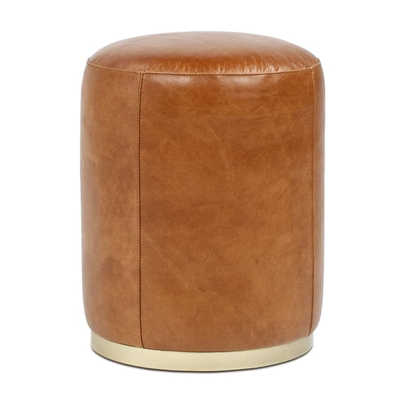 Nico 16" Round Leather Ottoman Stool Camel Brown Leather