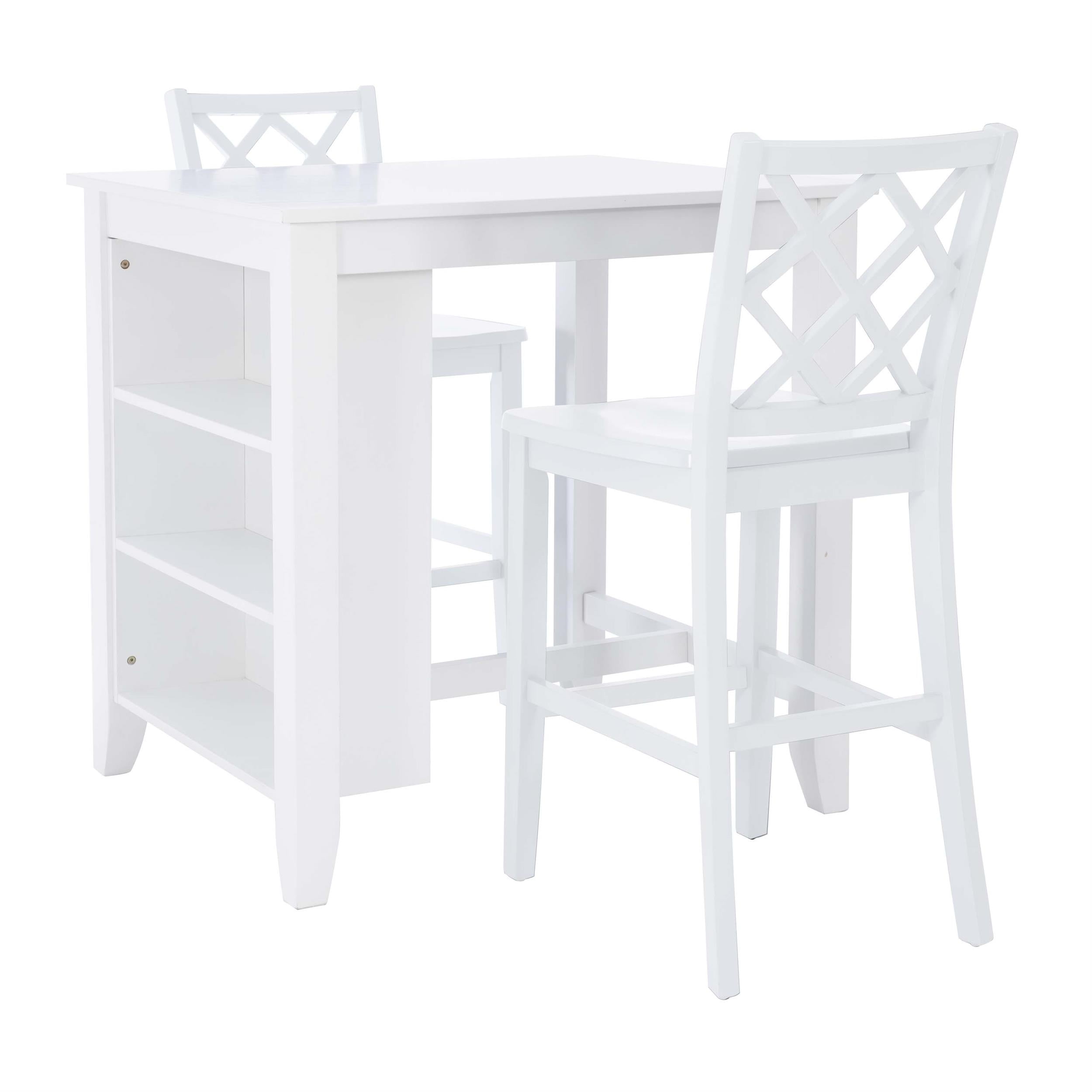 White Acacia Wood Counter Dining Set with Storage and 2 Chairs