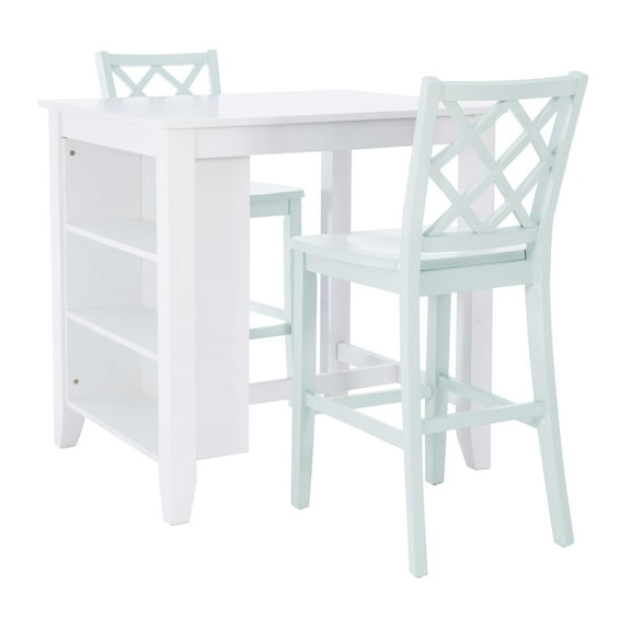 Linon Nico 3 Pce Counter Dining Set White Table/2 Mint Green Chairs in Wood