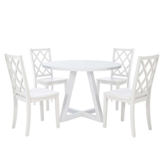 Linon Nico 5 Pce Dining Set Round Table/4 Lattice Back Chairs in White Wood