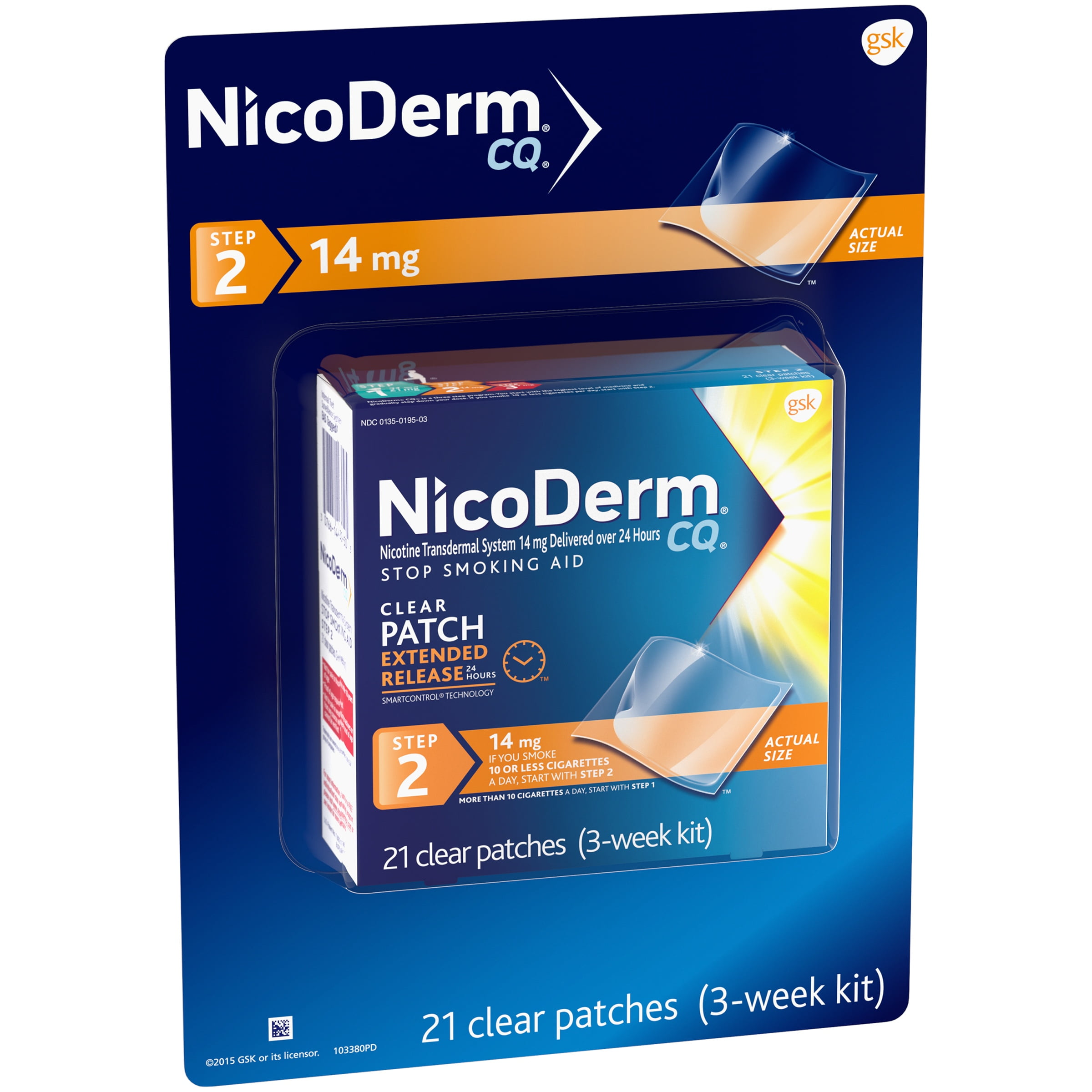 NicoDerm CQ Clear Step 2 Stop Smoking Aid 14mg Patches 21 ct Carded Pack