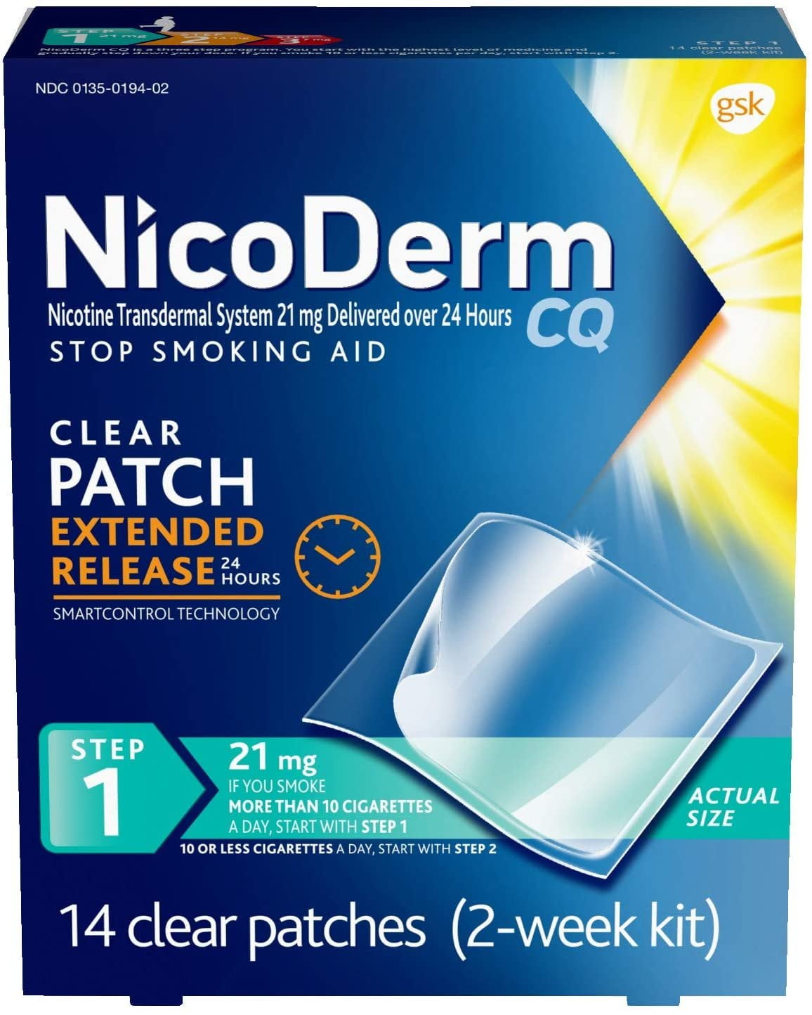 NicoDerm CQ Nicotine 14 Clear Patch, Step 1 to Quit Smoking, 21mg, (14 Count)