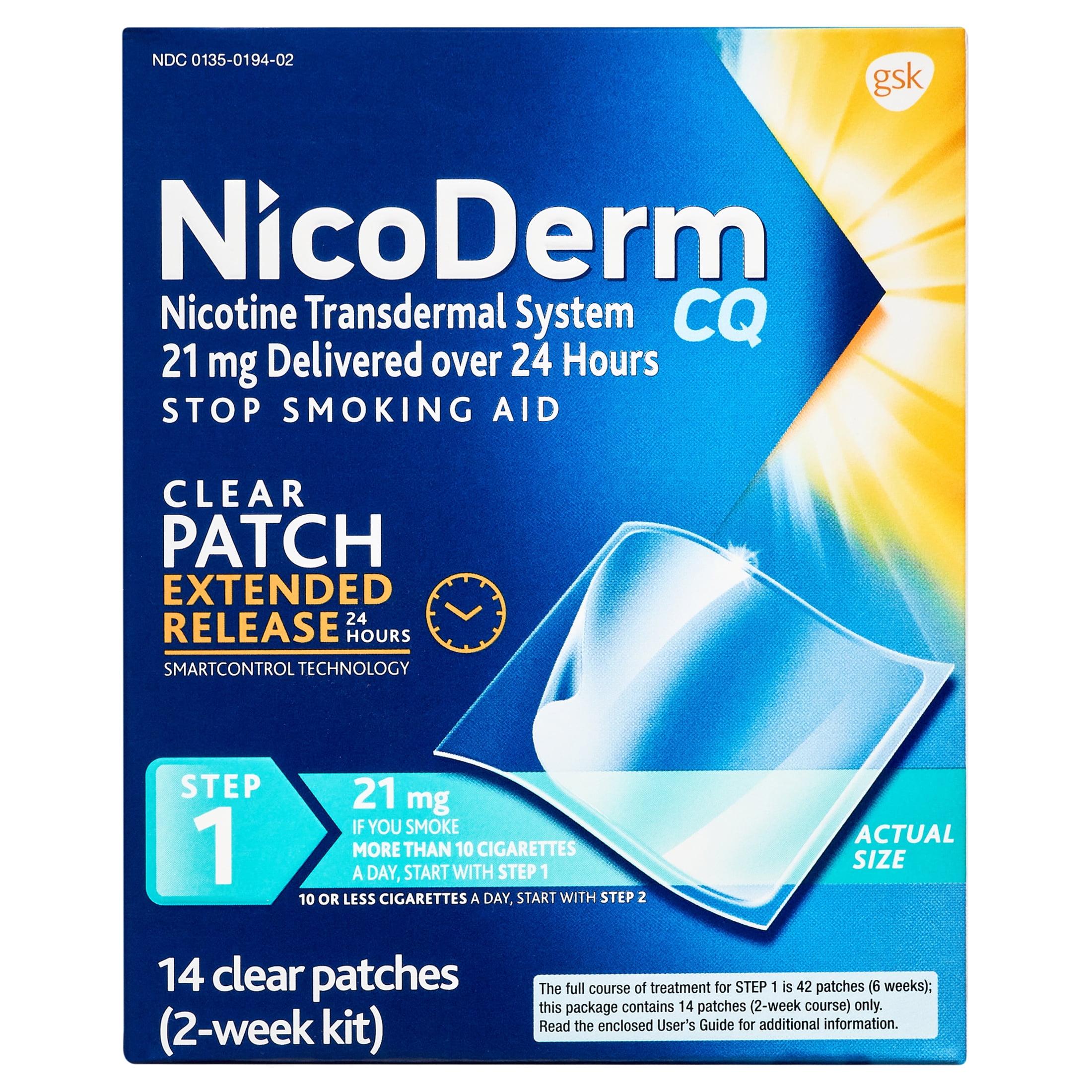 NicoDerm CQ Nicotine Patch, Clear, Step 1 to Quit Smoking, 21mg, 14