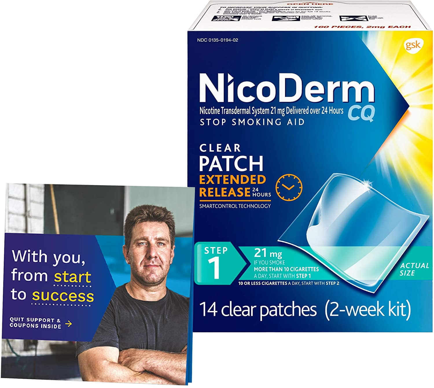NicoDerm CQ Nicotine Patch with Quit Support System, Clear, Step 1, 21