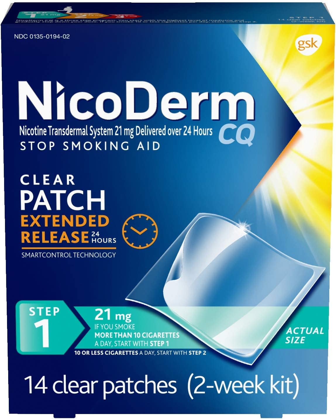 NicoDerm CQ Step 1 Nicotine Clear Patches 21mg Stop Smoking Aid, 14 Count, 3 Pack