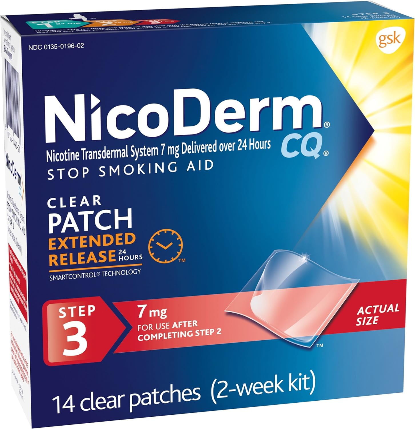 NicoDerm CQ Step 3 Nicotine Clear Patches 7mg Stop Smoking Aid, 14 Count, 6 Pack