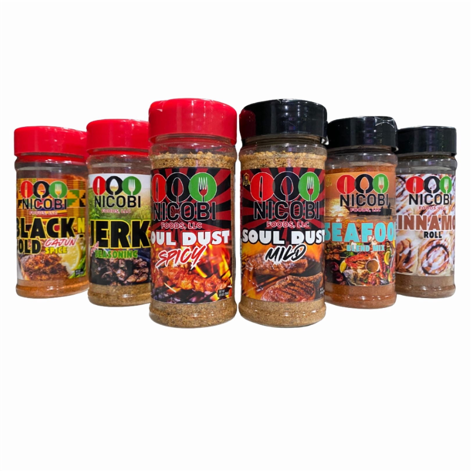 Nicobi Foods Full Spice Pack – Soul Dust Mild, Soul Dust Spicy, Black-N-Bold Cajun, Seafood Blend, Jerk Seasoning, Cinnamon Roll Spice, Complete Flavor Collection (5 oz each)