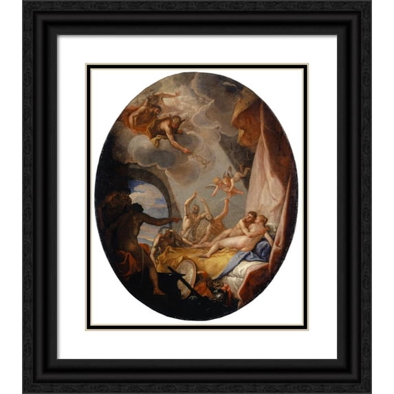 Nicolò Bambini 20x23 Black Ornate Framed Double Matted Museum Art Print Titled: Mars and Venus Surprised by the Gods (1700-1710)