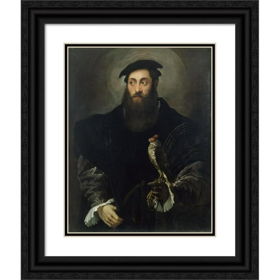 Nicolò dell'Abate 12x14 Black Ornate Wood Framed Double Matted Museum Art Print Titled: Portrait of a Gentleman with a Falcon (circa 1548)