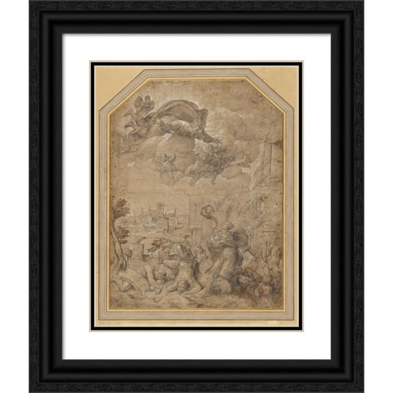 Nicolò dell'Abate 12x14 Black Ornate Wood Framed Double Matted Museum Art Print Titled: Saint Catherine of Alexandria at the Wheel (1547-1550)