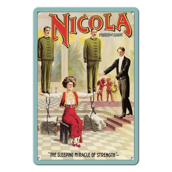 Nicola Prince of Magic - The Sleeping Miracle of Strength Illusion Show - Vintage Magic Poster c.1910 - 8 x 12 inch Vintage Metal Tin Sign