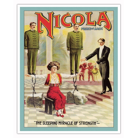 Nicola Prince of Magic - The Sleeping Miracle of Strength Illusion Show - Vintage Magic Poster c.1910 - Fine Art Matte Paper Print (Unframed) 16x20in