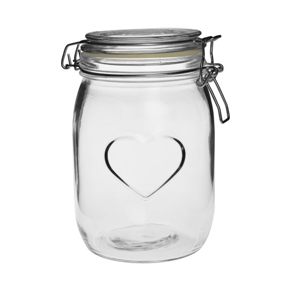 Nicola Spring Heart Shaped Glass Storage Jar with Airtight Clip Lid - 1000ml - 1 Pack - 4 Colour Seals - Kitchen Vintage Round Preserving Container for Pickling, Chutney, Jam, Coffee, Oats