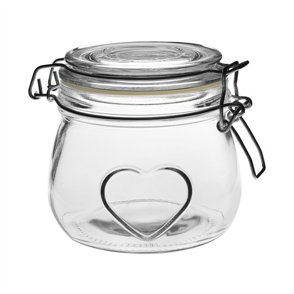 Nicola Spring Heart Shaped Glass Storage Jar with Airtight Clip Lid - 500ml - 1 Pack - 4 Colour Seals - Kitchen Vintage Round Preserving Container for Pickling, Chutney, Jam, Coffee, Oats