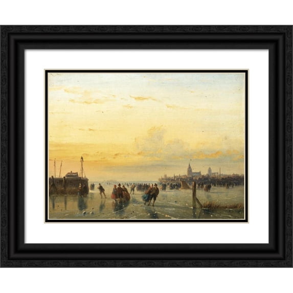 Nicolaas Johannes Roosenboom 24x19 Black Ornate Framed Double Matted Museum Art Print Titled: Numerous Skaters Near a Town