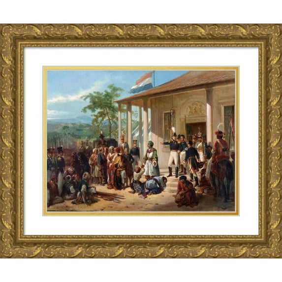 Nicolaas Pieneman 14x12 Gold Ornate Wood Frame and Double Matted Museum Art Print Titled - The Arrest of Diepo Negoro by Lieutenant-General Baron De Kock (C. 1830 - C. 1835)