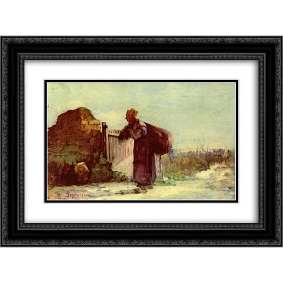 Nicolae Grigorescu 2x Matted 24x18 Black Ornate Framed Art Print 'French peasant woman with a bag on her back'